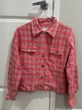 Sandro Pink Houndstooth Tweed Jean Jacket